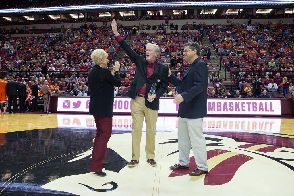 President John Thrasher is recognized as 2015 Tallahassee Democrat Person of the Year during an FSU men's basketball game in March 2016.