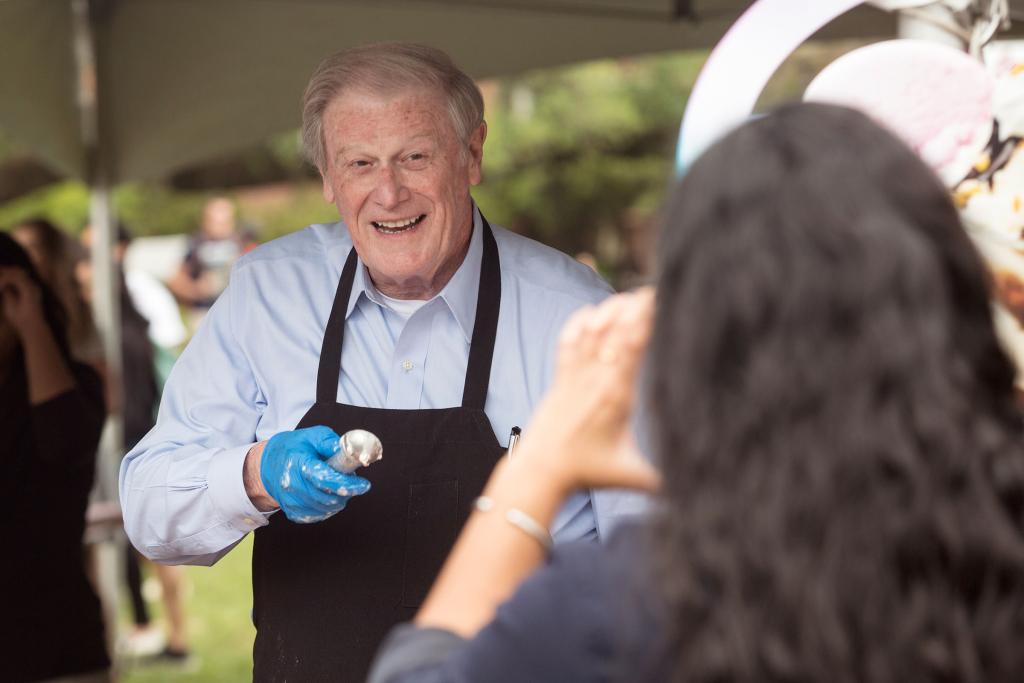 President John Thrasher serves ice cream at the President's Ice Cream Social in April 2016.