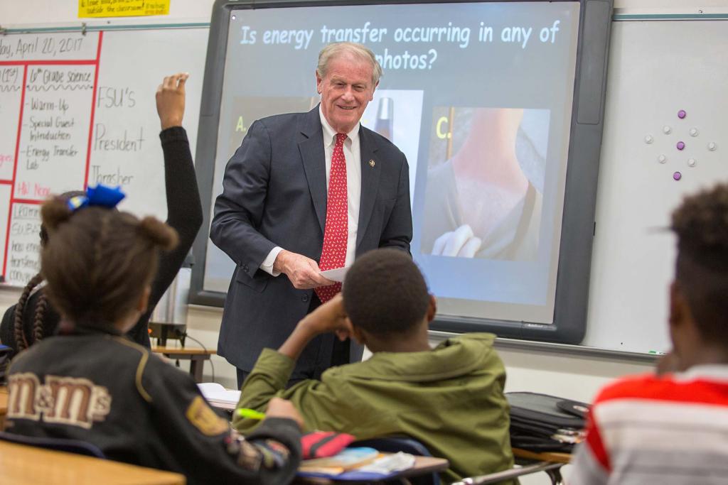President John Thrasher co-teaches a science class at Fairview Middle School in August 2017.