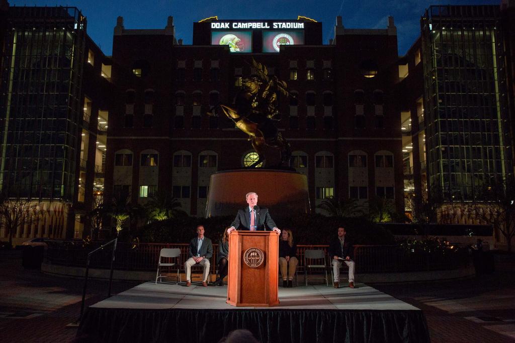 President Thrasher speaks during a candlelight vigil for Andrew Coffey on Langford Green in November 2017.