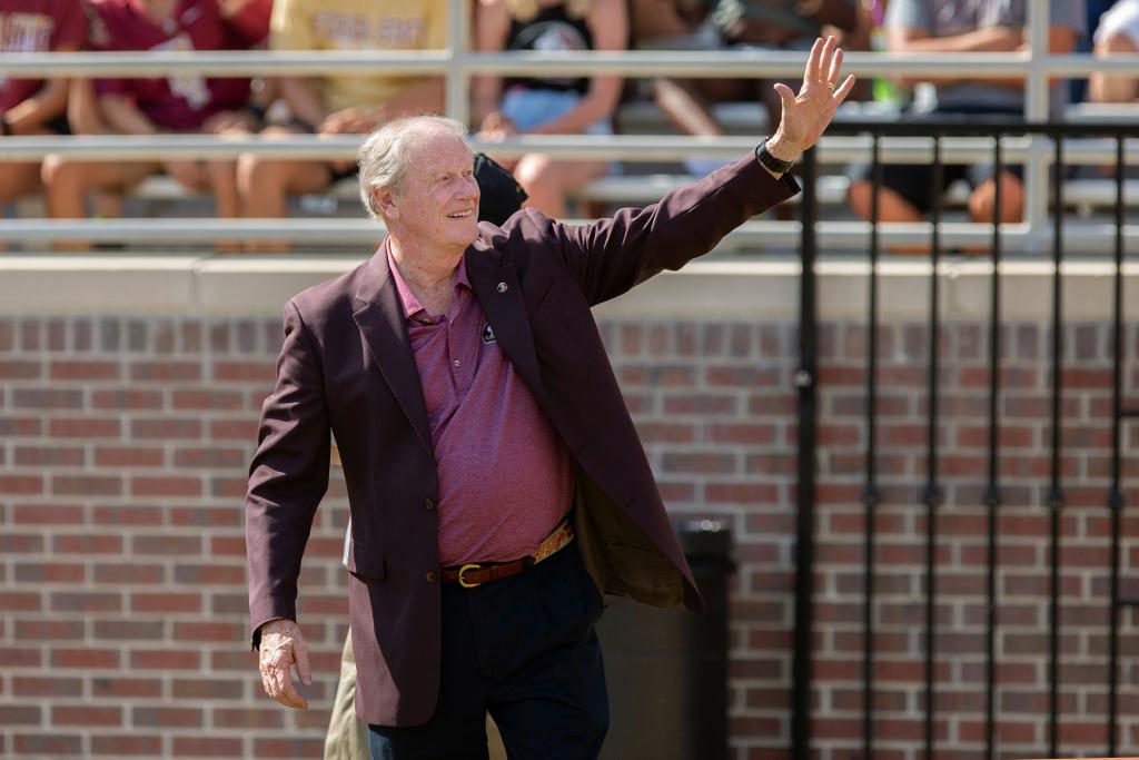 President Thrasher waves to the crowd during the FSU vs. Northern Illinois football game in September 2018.