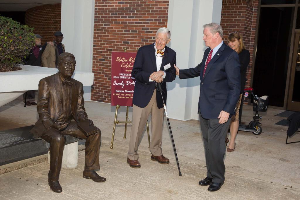 President Thrasher with President Emeritus Sandy D'Alemberte during a ceremony to mark D'Alemberte's statue relocation to the FSU College of Law in November 2018.