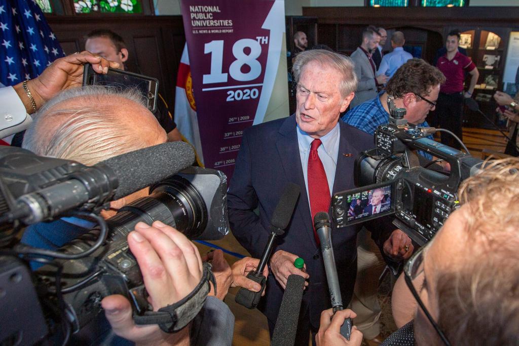 President John Thrasher is interviewed during a news conference at Florida State University’s historic Dodd Hall Sept. 9, 2019, to celebrate FSU’s ascent to No. 18 among national public universities in the latest U.S. News & World Report rankings.