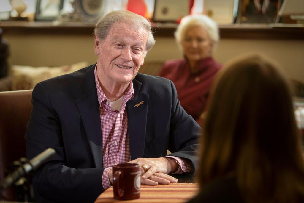 President Thrasher records message to campus about Spring Commencement in April 2020.