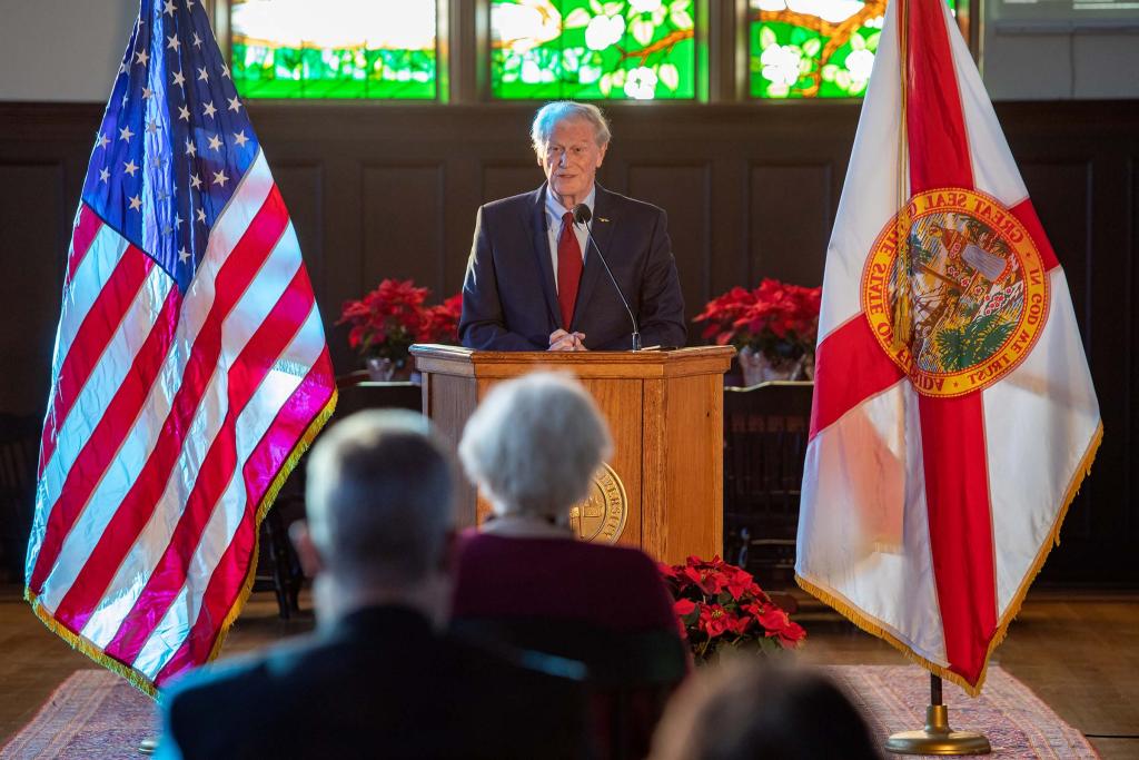 President John Thrasher delivers his final State of the University address at the Heritage Museum in Dodd Hall in December 2020.
