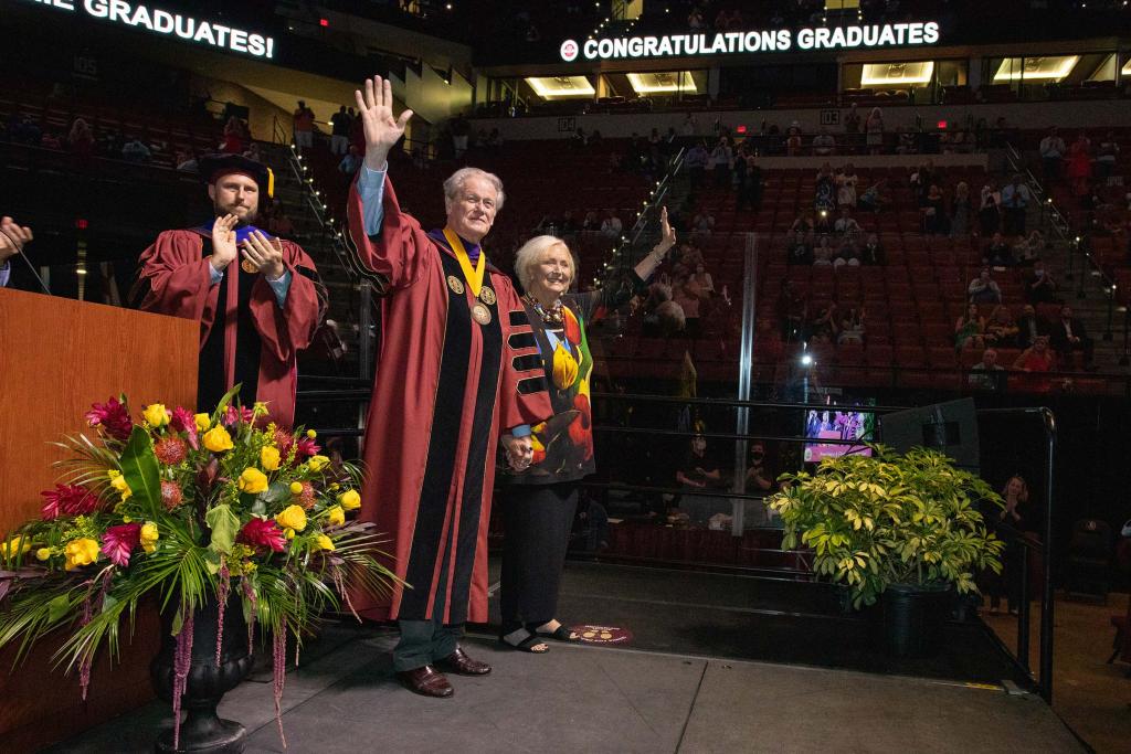 President John Thrasher with his wife, Jean, during a makeup commencement ceremony for 2020 graduates in May 2021.